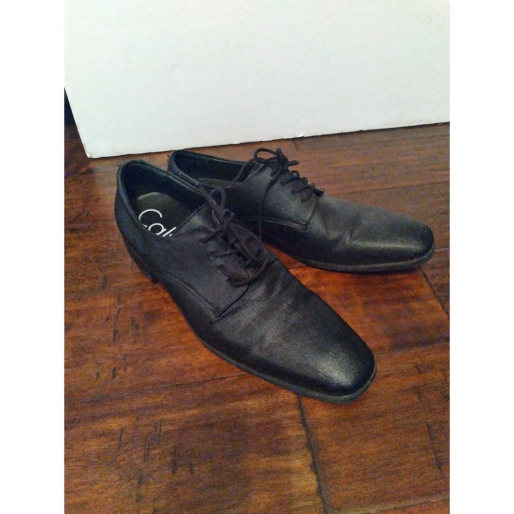 Calvin Klein Mens Black Textured Leather Derby‎ Dress Shoes Square Toe Lace Up